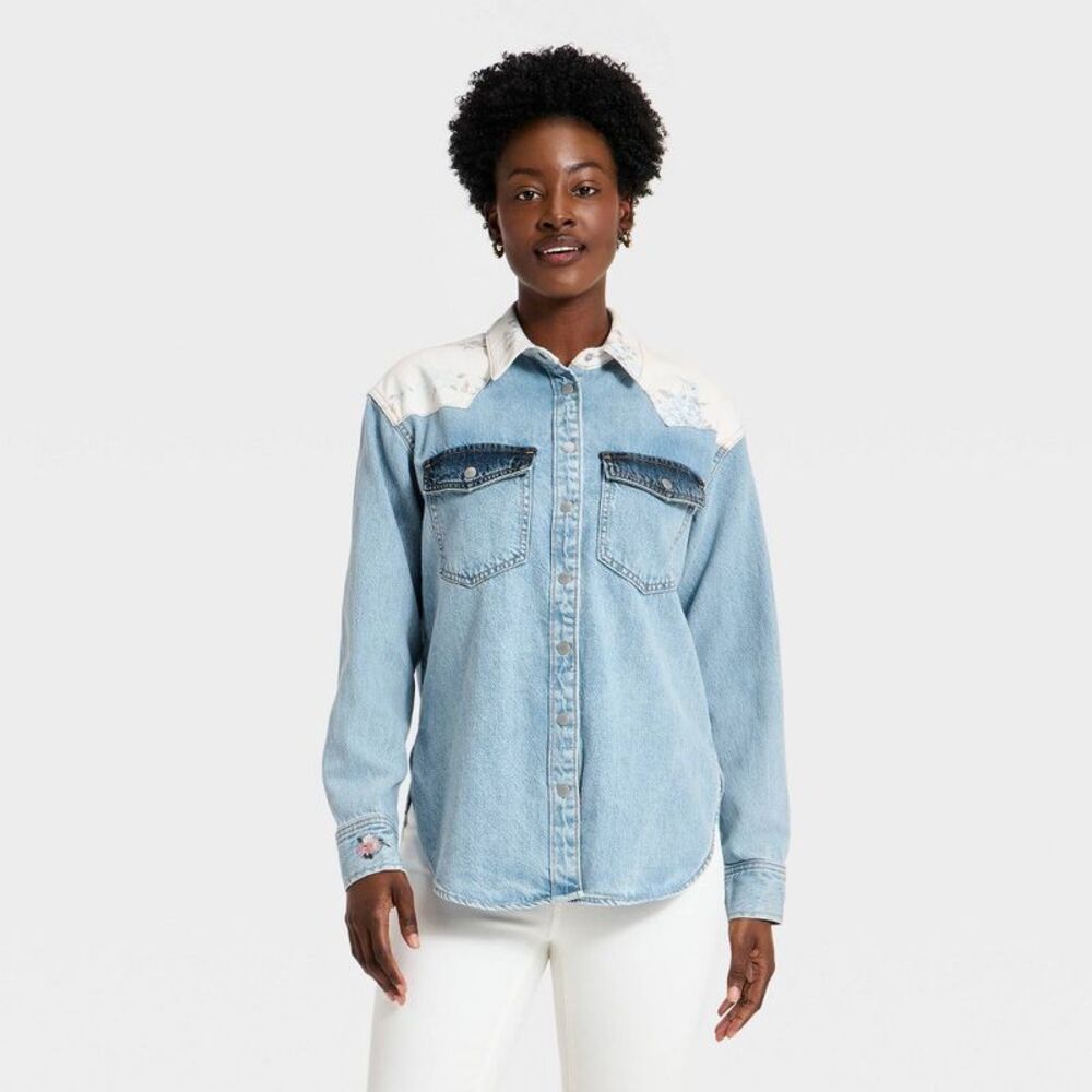 Light Wash Denim Shirt with Embroidered Yoke - Women